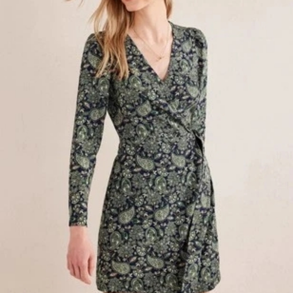 Boden Green Paisley Long-Sleeve Wrap Dress